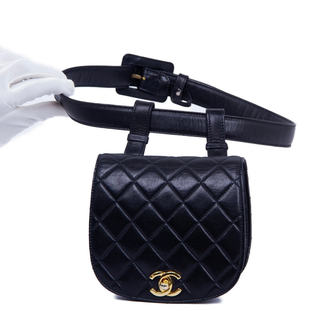 Black Quilted Chain Waist Bum Bag