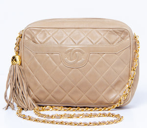 Beige Quilted CC Fringe Chain Shoulder Bag