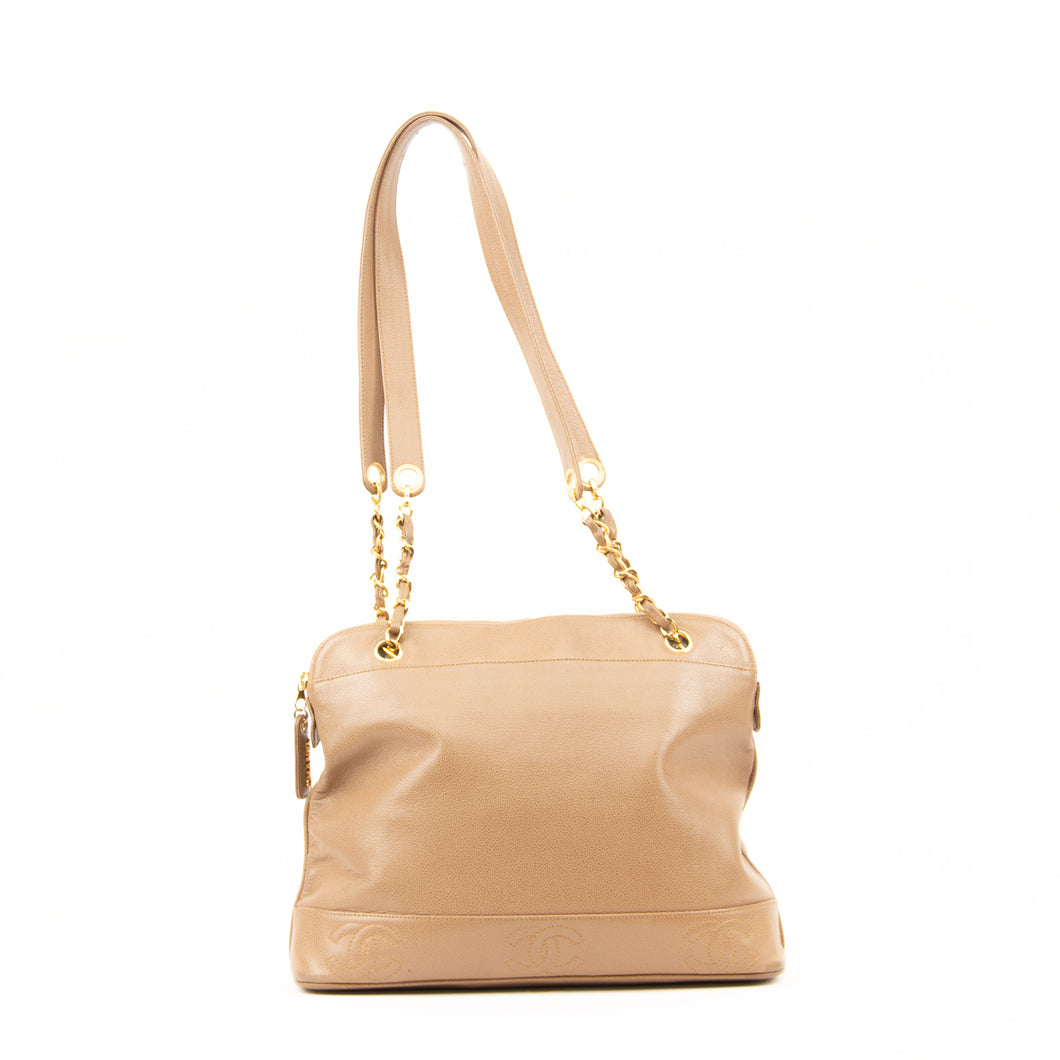 Beige Caviar Skin CC Logo Shoulder Bag